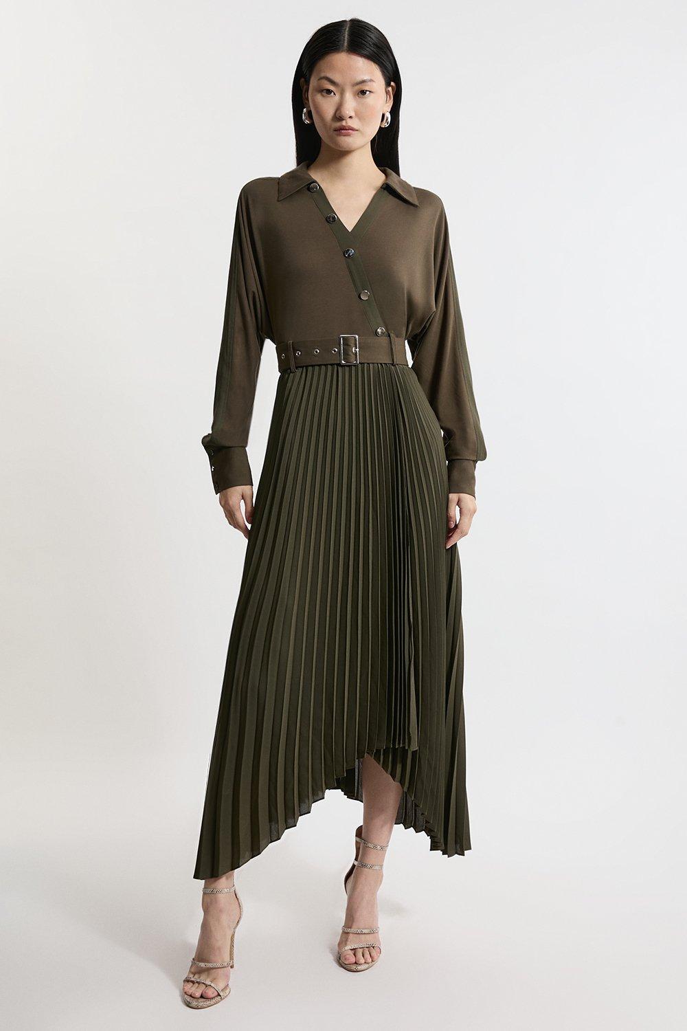 Jersey And Georgette Mix Belted Pleat Midi Dress - Khaki/Green