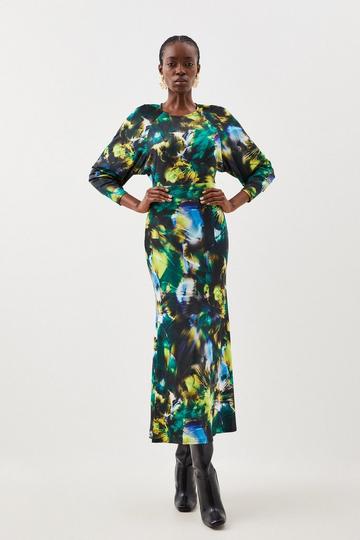 Jersey Abstract Floral Print Long Sleeve Midi Dress multi