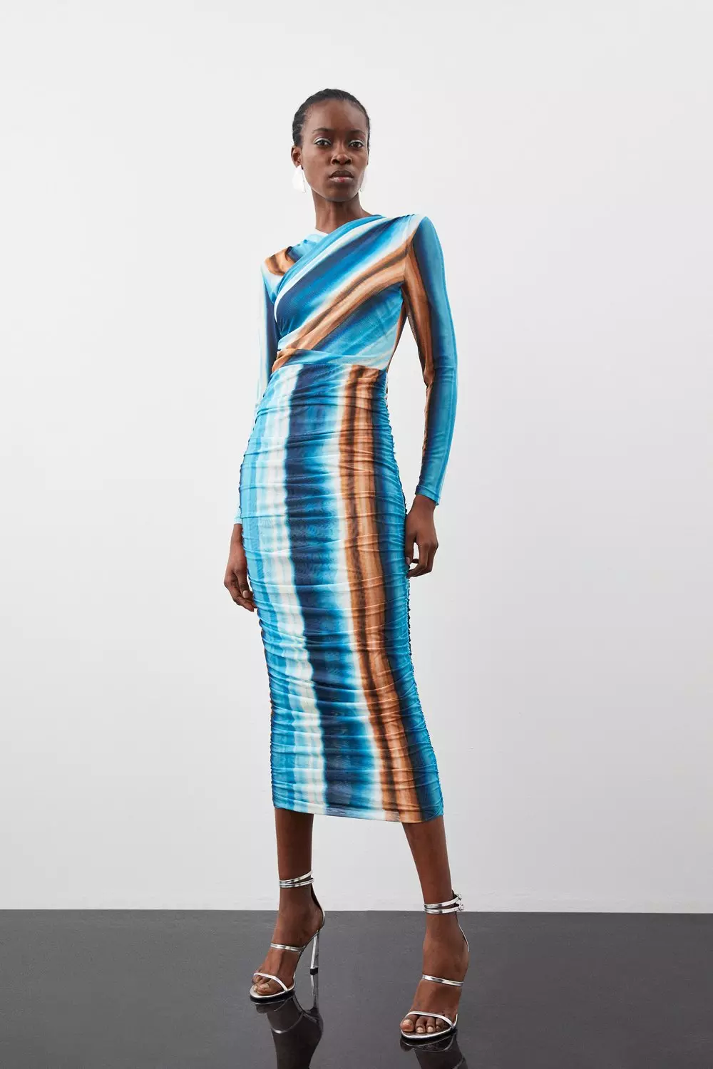 Jersey Printed Mesh High Neck Maxi Dress