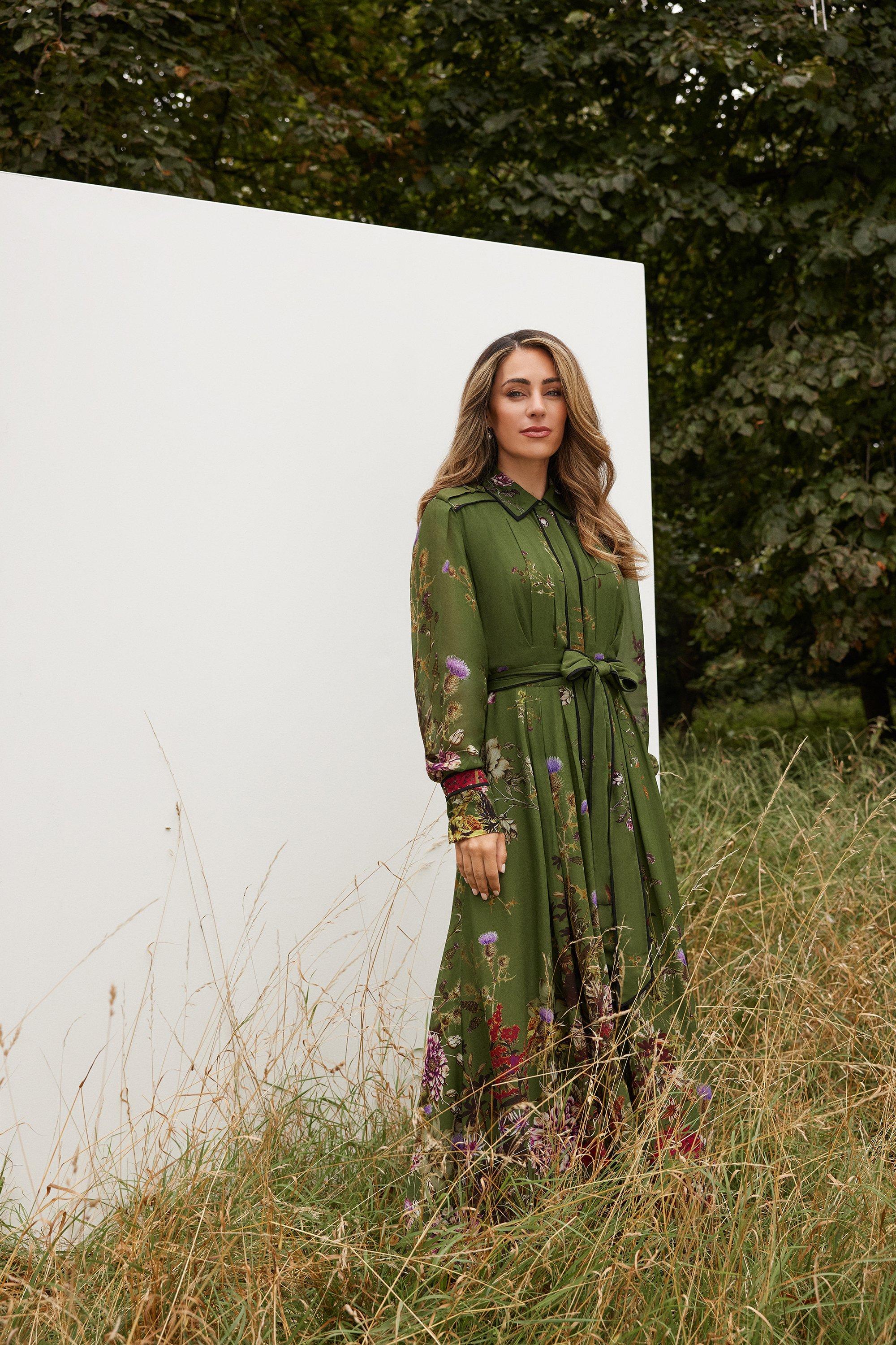 Lydia Millen Petite Viscose Floral Border Woven Shirt Midi Dress - Khaki/Green