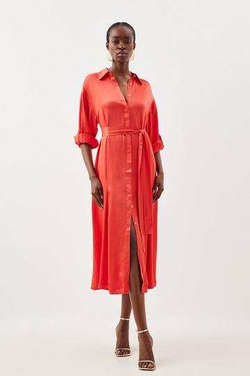 Premium Viscose Satin Long Sleeve Belted Shirt Midaxi Dress red