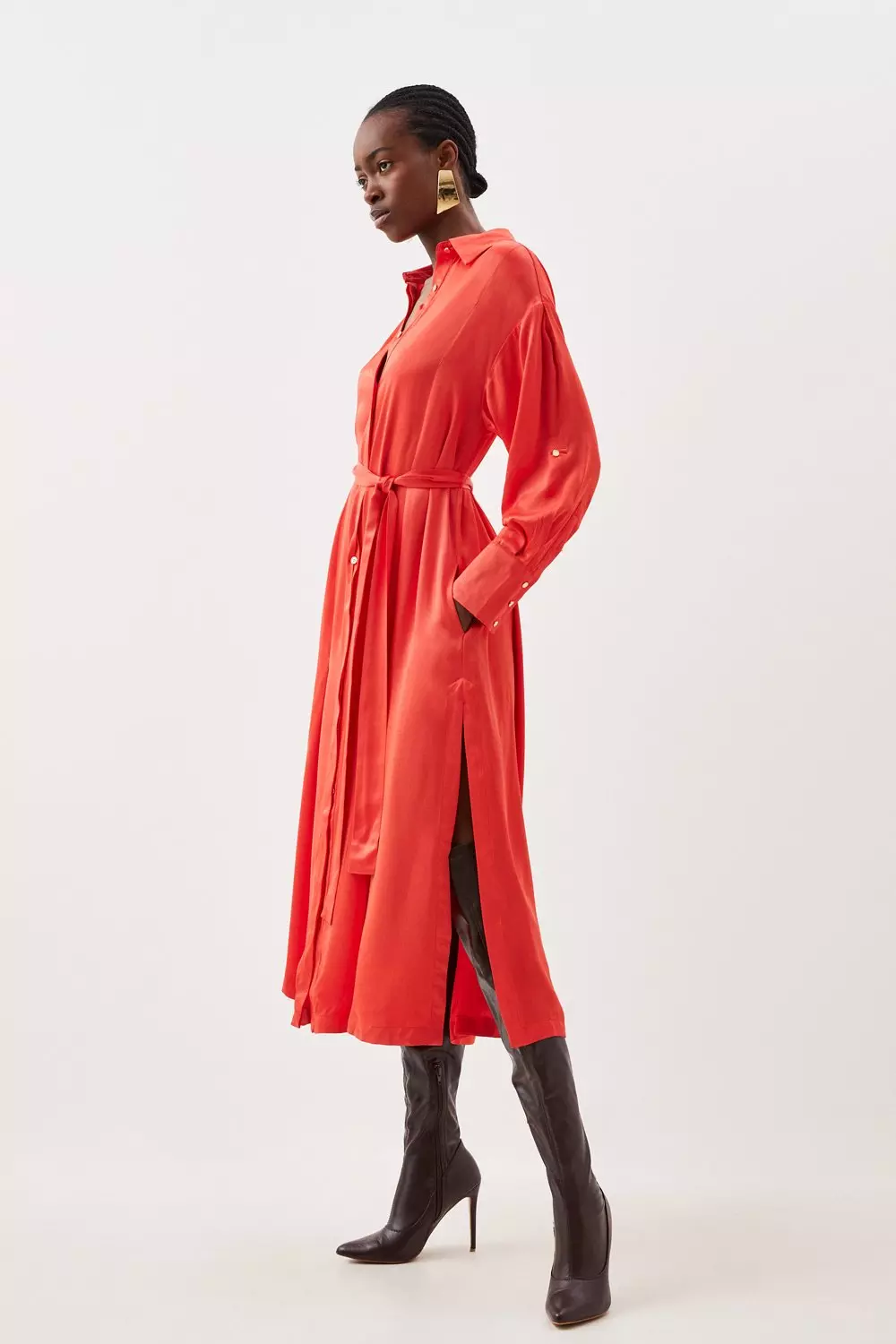 Premium Viscose Satin Long Sleeve Belted Shirt Midaxi Dress | Karen Millen