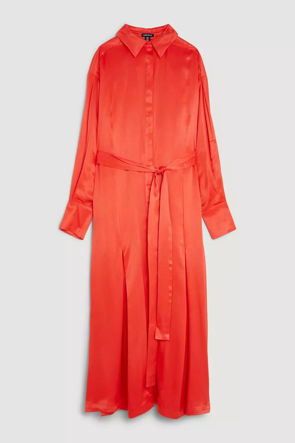 Premium Viscose Satin Long Sleeve Belted Shirt Midaxi Dress | Karen Millen