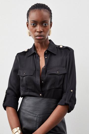 Black Satin Long Sleeve Pocket Detail Woven Shirt