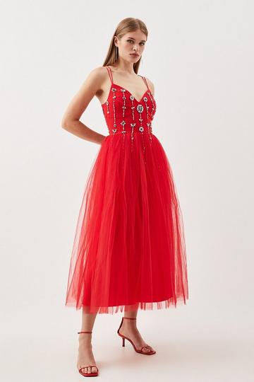Crystal Embellished Tulle Midi Dress red