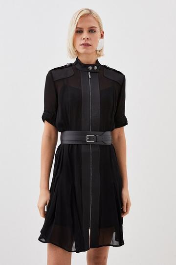 Petite Contrast Panel Sheer Short Sleeve Woven Mini Dress black