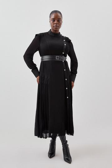 Plus Size Contrast Panel Sheer Sleeve Button Woven Maxi Dress black