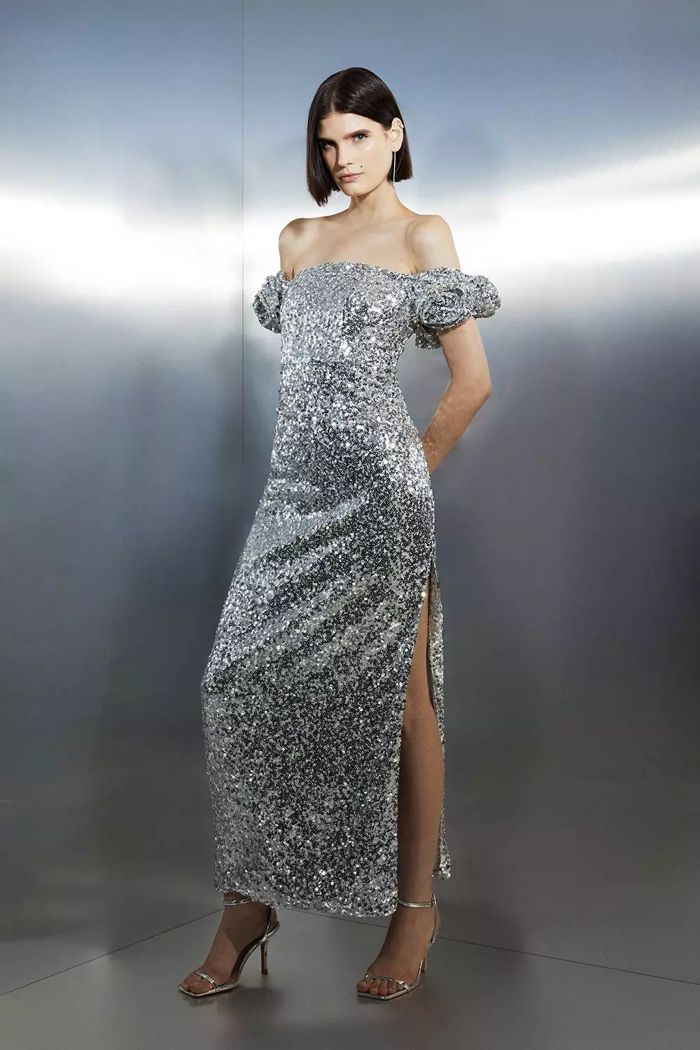 Sequin Corsage Bardot Split Woven Midi Dress | Karen Millen