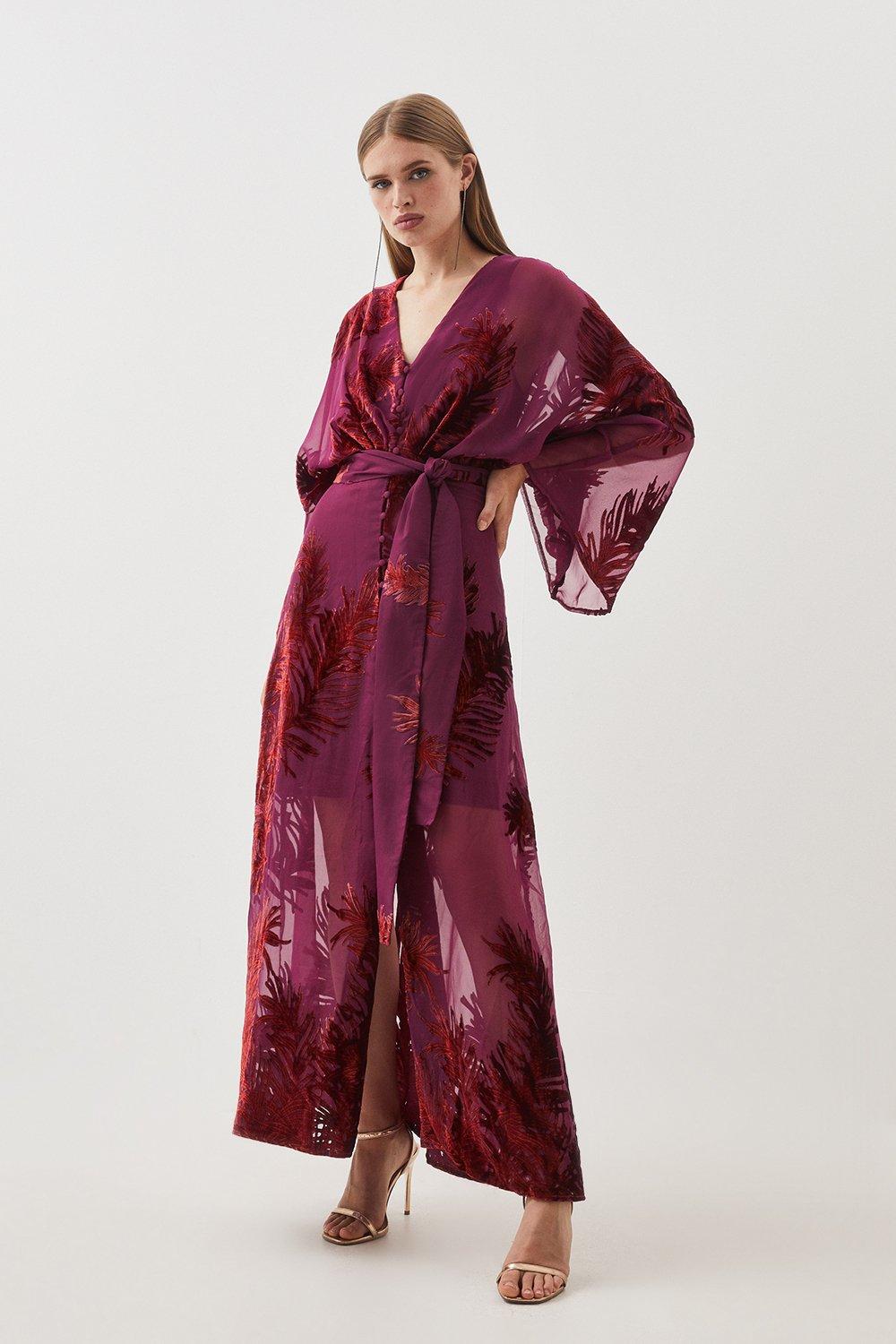 Feather Devore Woven Kimono Maxi Dress - Fig