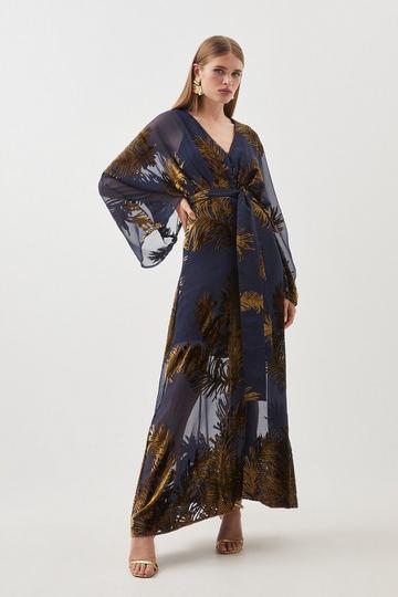 Navy Feather Devore Woven Kimono Maxi Dress