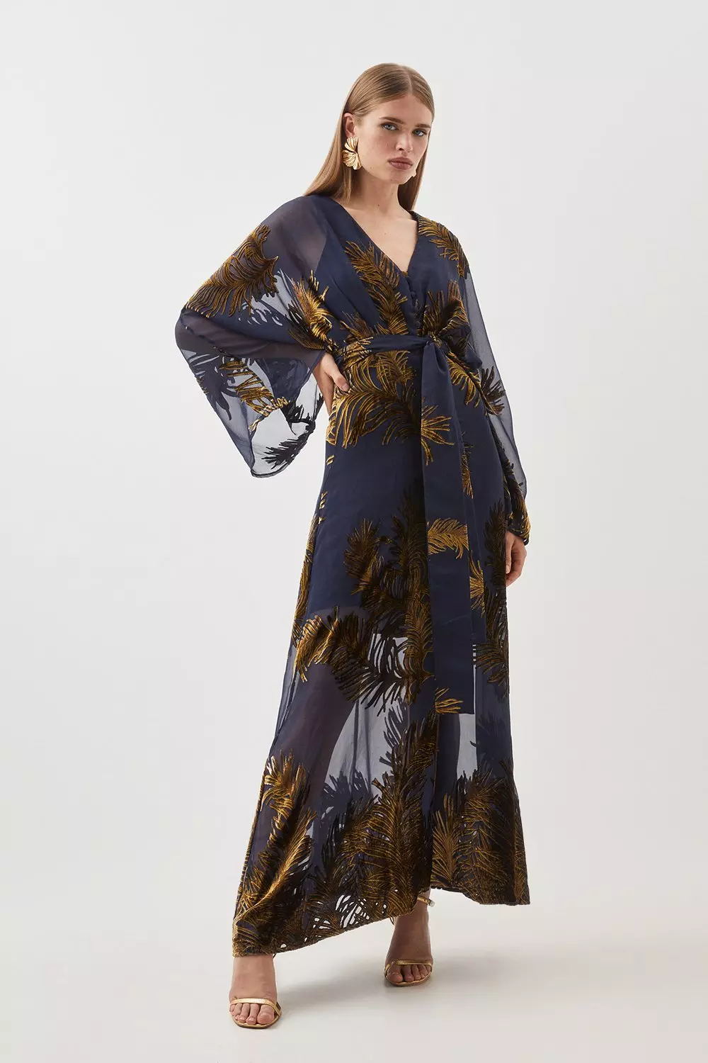 Feather Devore Woven Kimono Maxi Dress