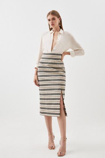 Italian Striped Sequin Tweed Detail Midi Skirt multi