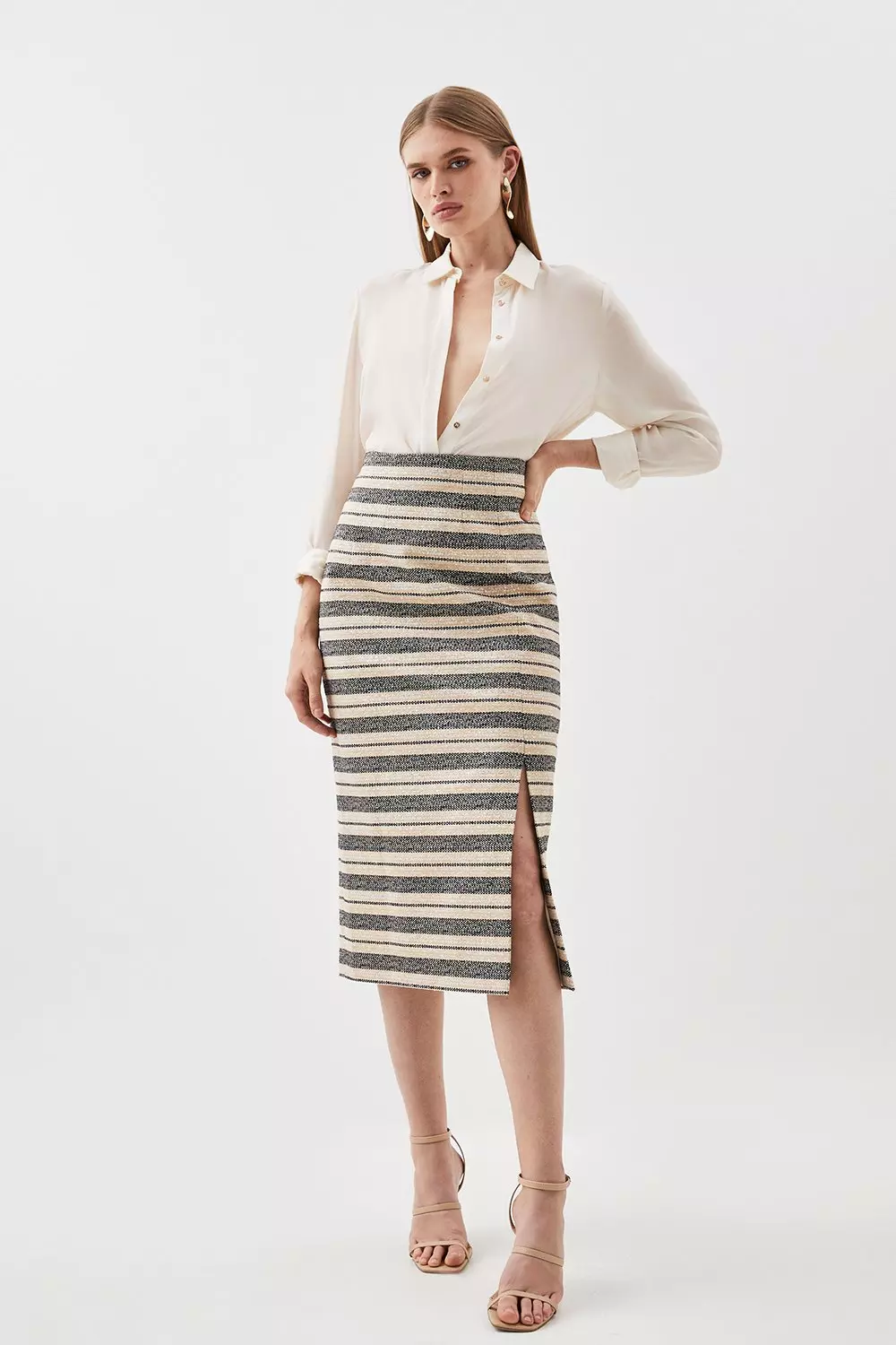 Italian Striped Sequin Tweed Detail Midi Skirt Karen Millen