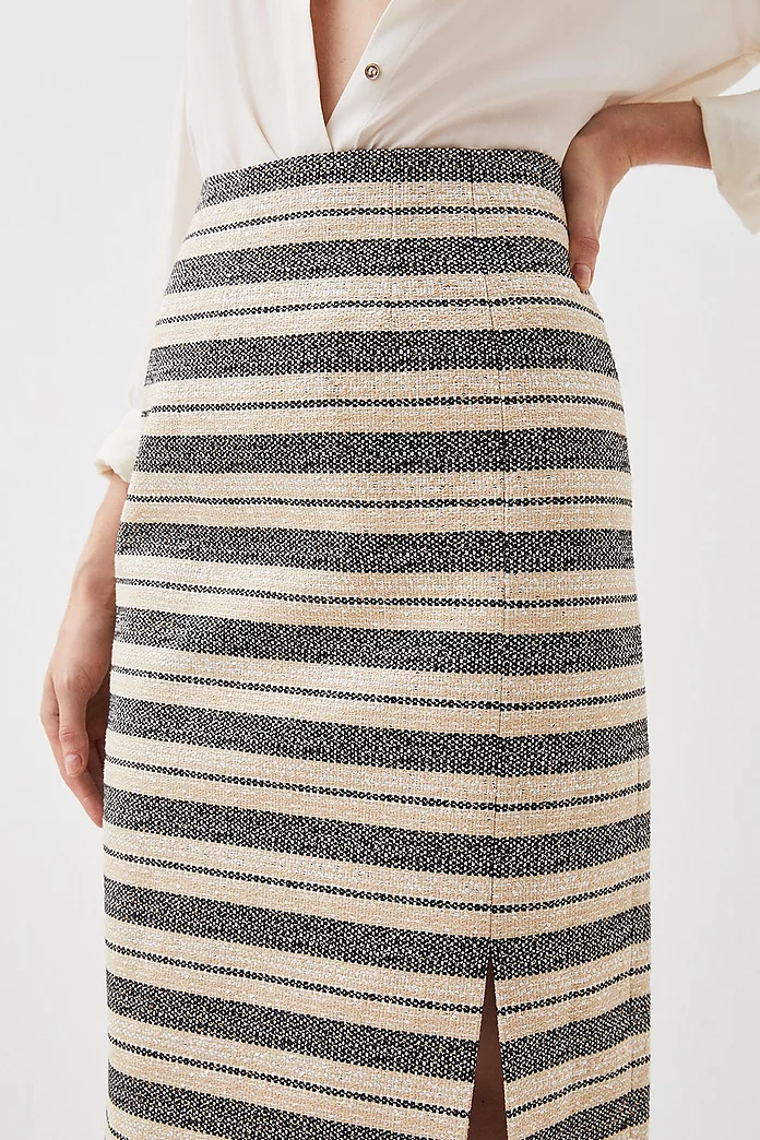 Italian Striped Sequin Tweed Detail Midi Skirt | Karen Millen
