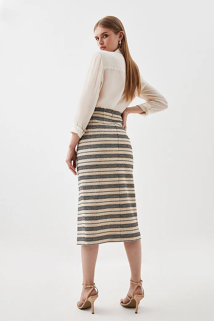 Italian Striped Sequin Tweed Detail Midi Skirt | Karen Millen