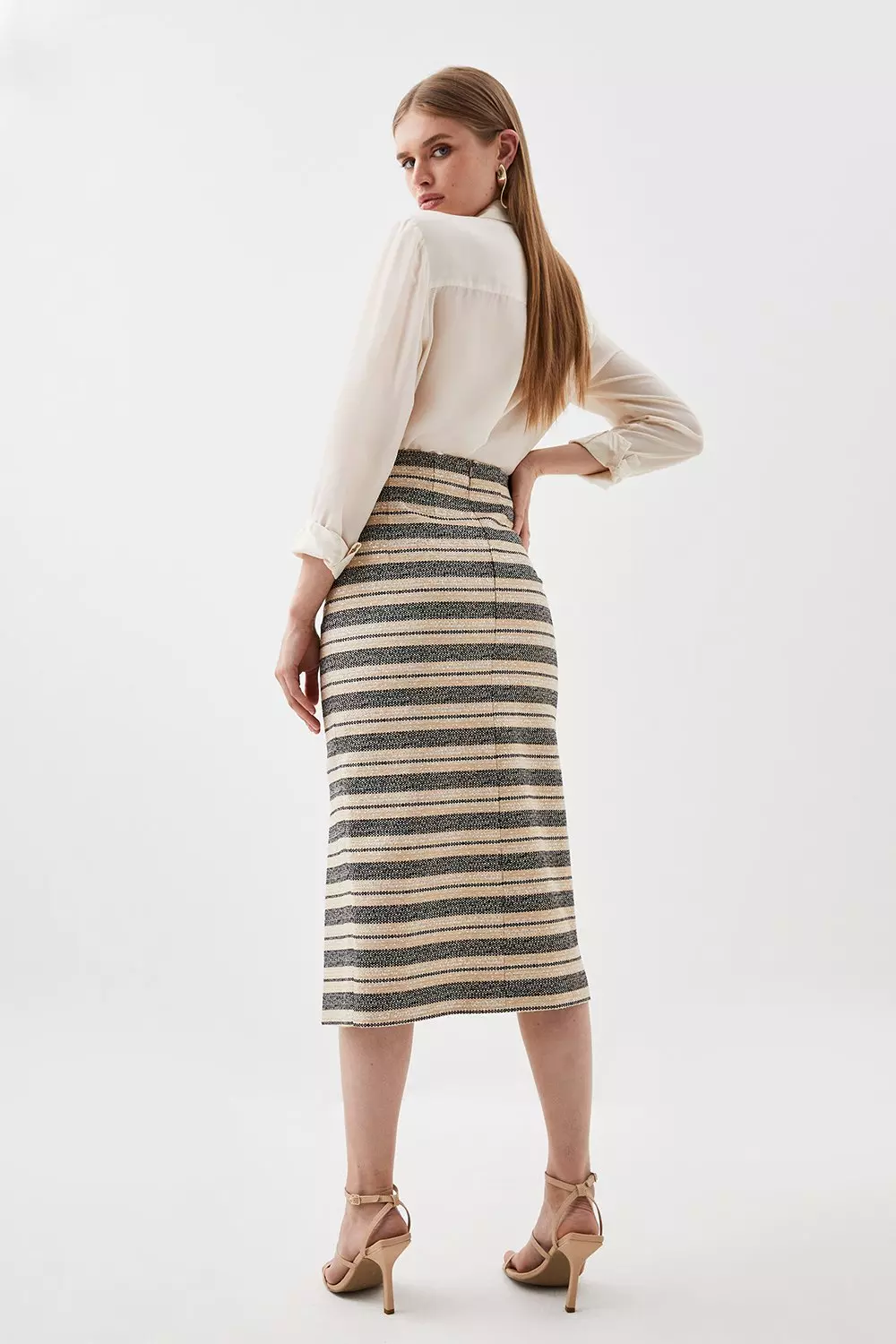 Italian Striped Sequin Tweed Detail Midi Skirt | Karen Millen