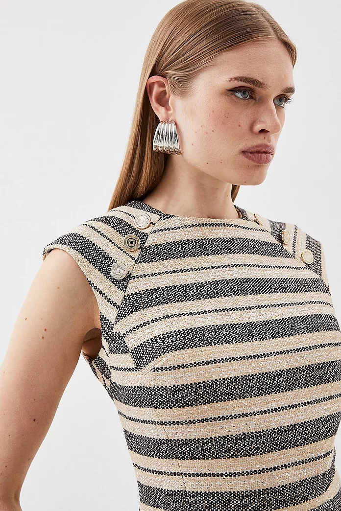 Karen Millen Womens Tailored Striped Tweed Button Detail Cap Sleeve Mini Dress - Multi - Size 10
