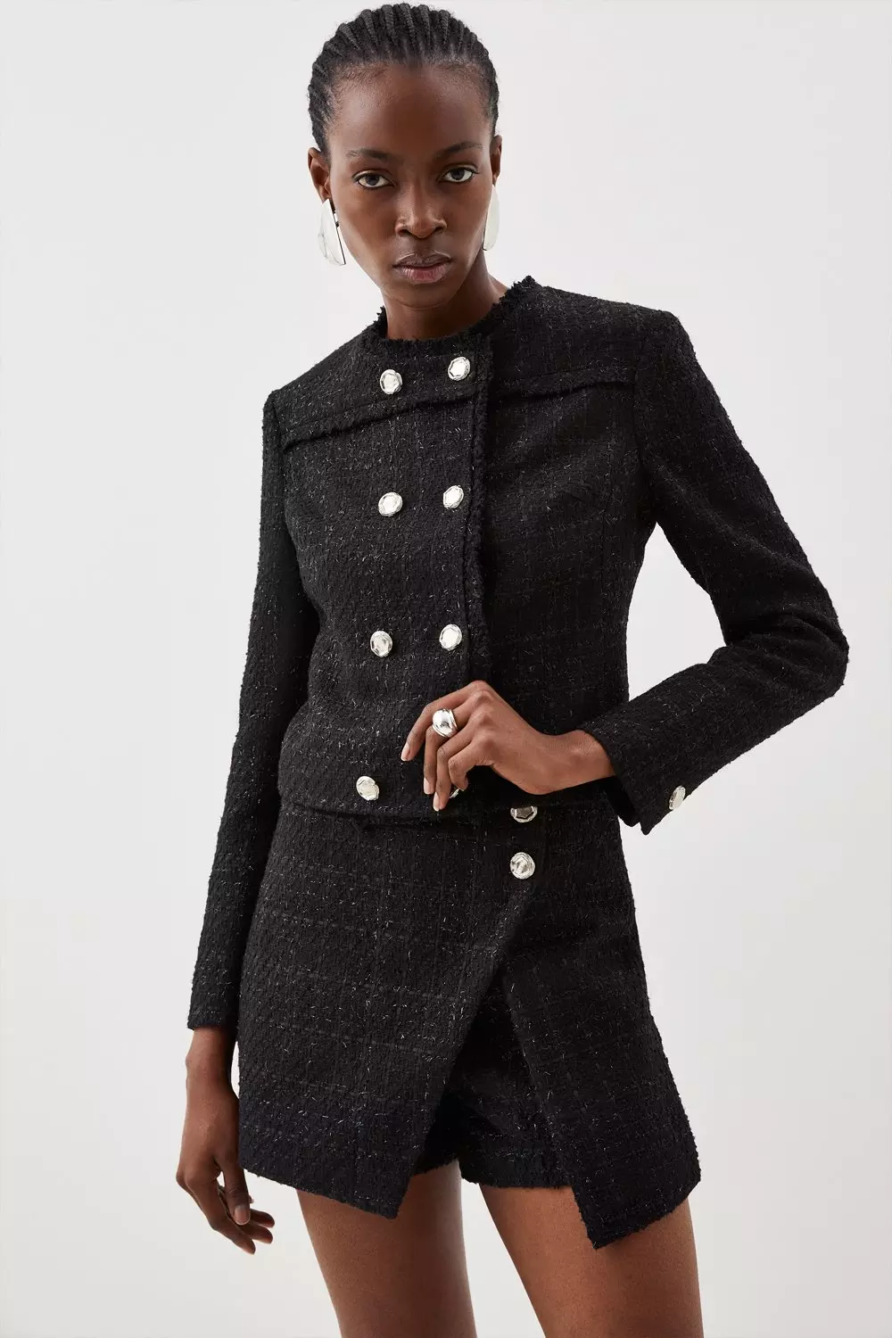 Cropped Wool Blend Boucle Jacket, Black Cream Glitter