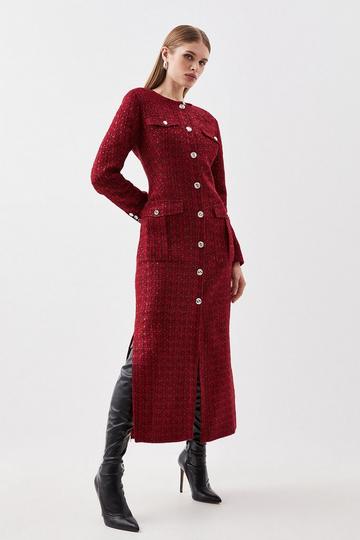 Red Tailored Sparkle Boucle Pocket Detail Long Sleeve Midi Dress