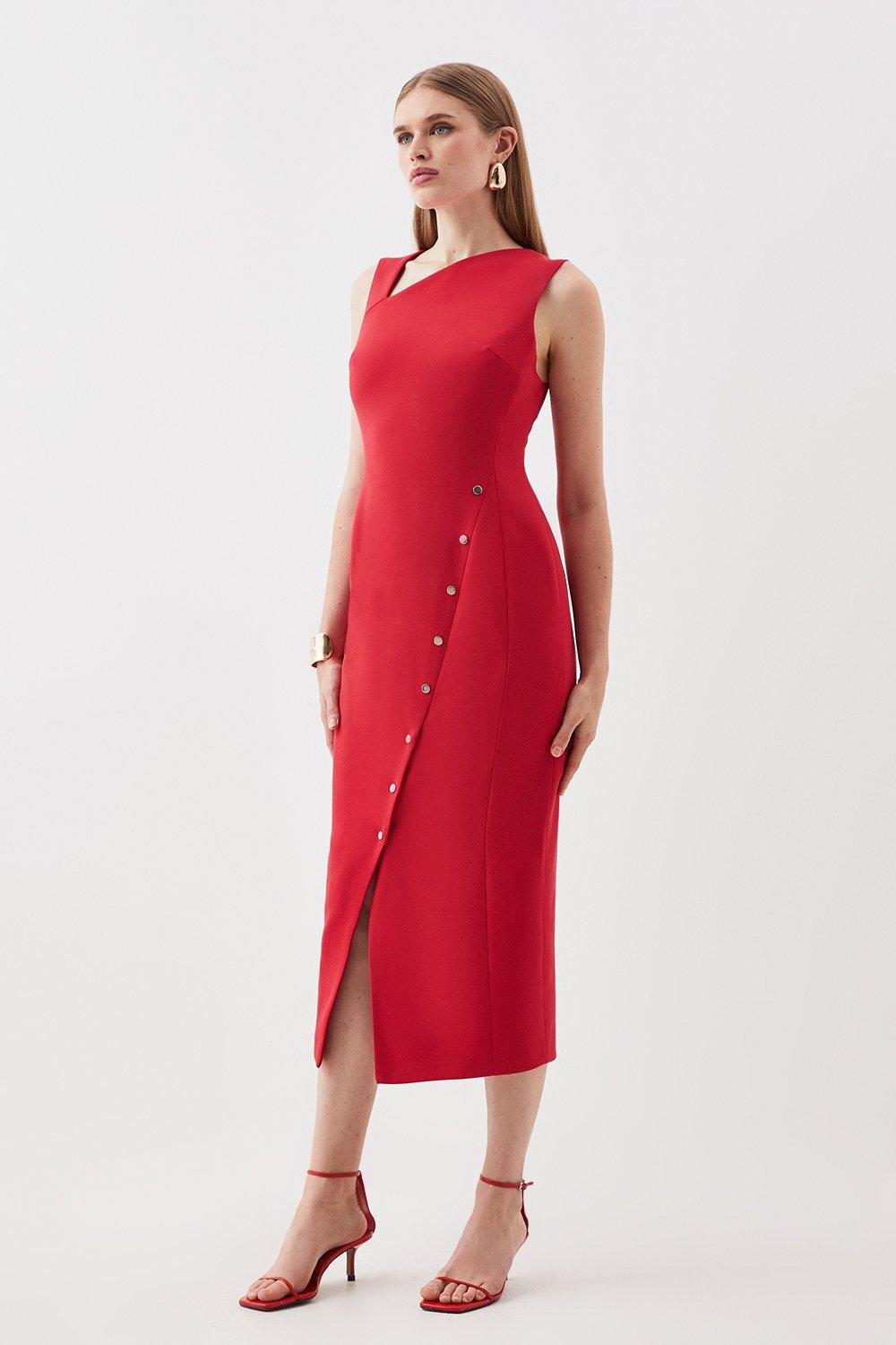 Tailored Compact Stretch Asymmetric Button Detail Midi Pencil Dress - Red