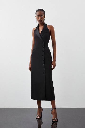 Black Tailored Premium Twill Halter Neck Sleeveless Maxi Dress