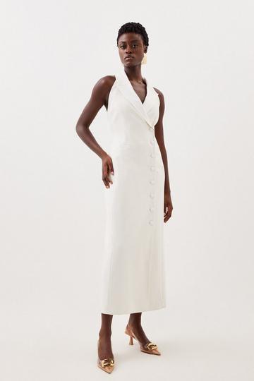 Tailored Premium Twill Halter Neck Sleeveless Maxi Dress ivory