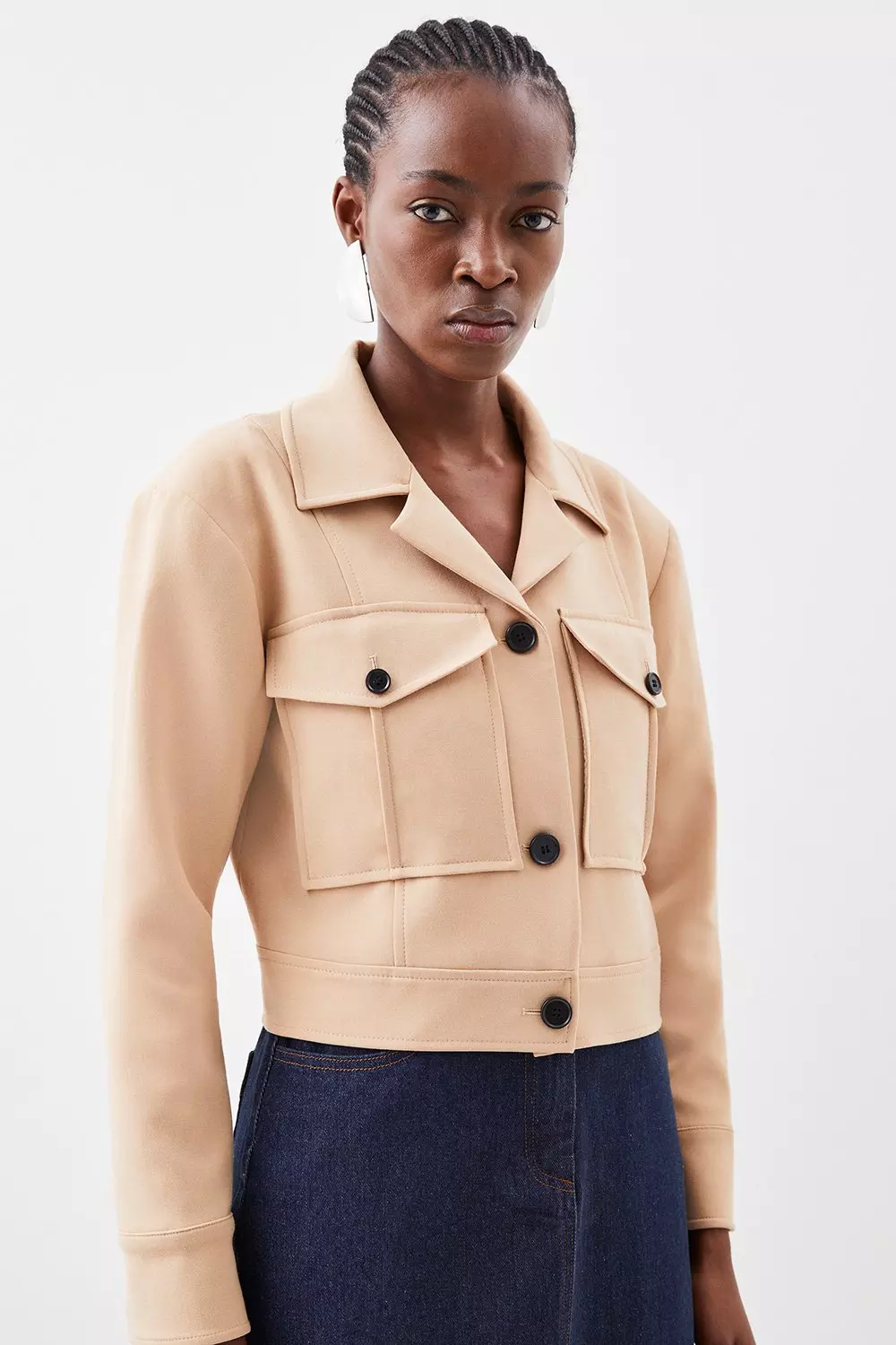 Camel Cotton Pocket Front Cropped Jacket