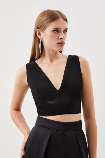 Black Tailored Satin Back Crepe Cropped Corset Top