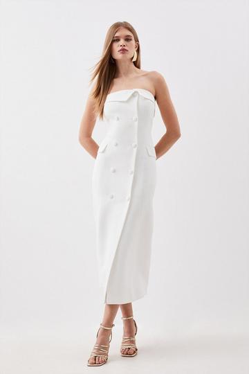 Tailored Satin Back Crepe Double Breasted Bandeau Midi Dress ivory