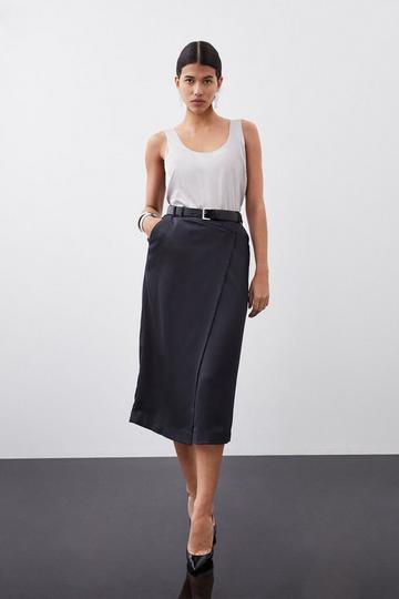 Tailored Satin Back Crepe Asymmetric Waist Wrap Detail Midi Skirt black