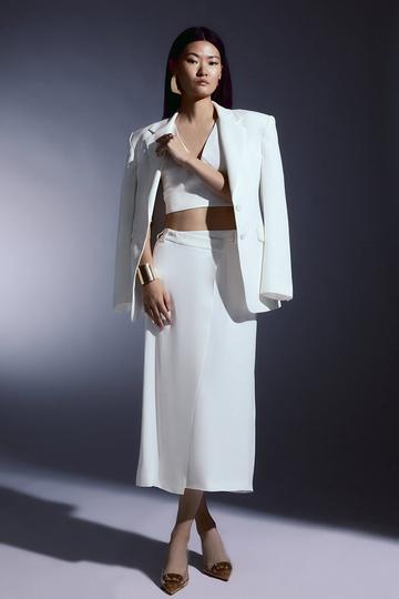 Tailored Satin Back Crepe Asymmetric Waist Wrap Detail Midi Skirt ivory