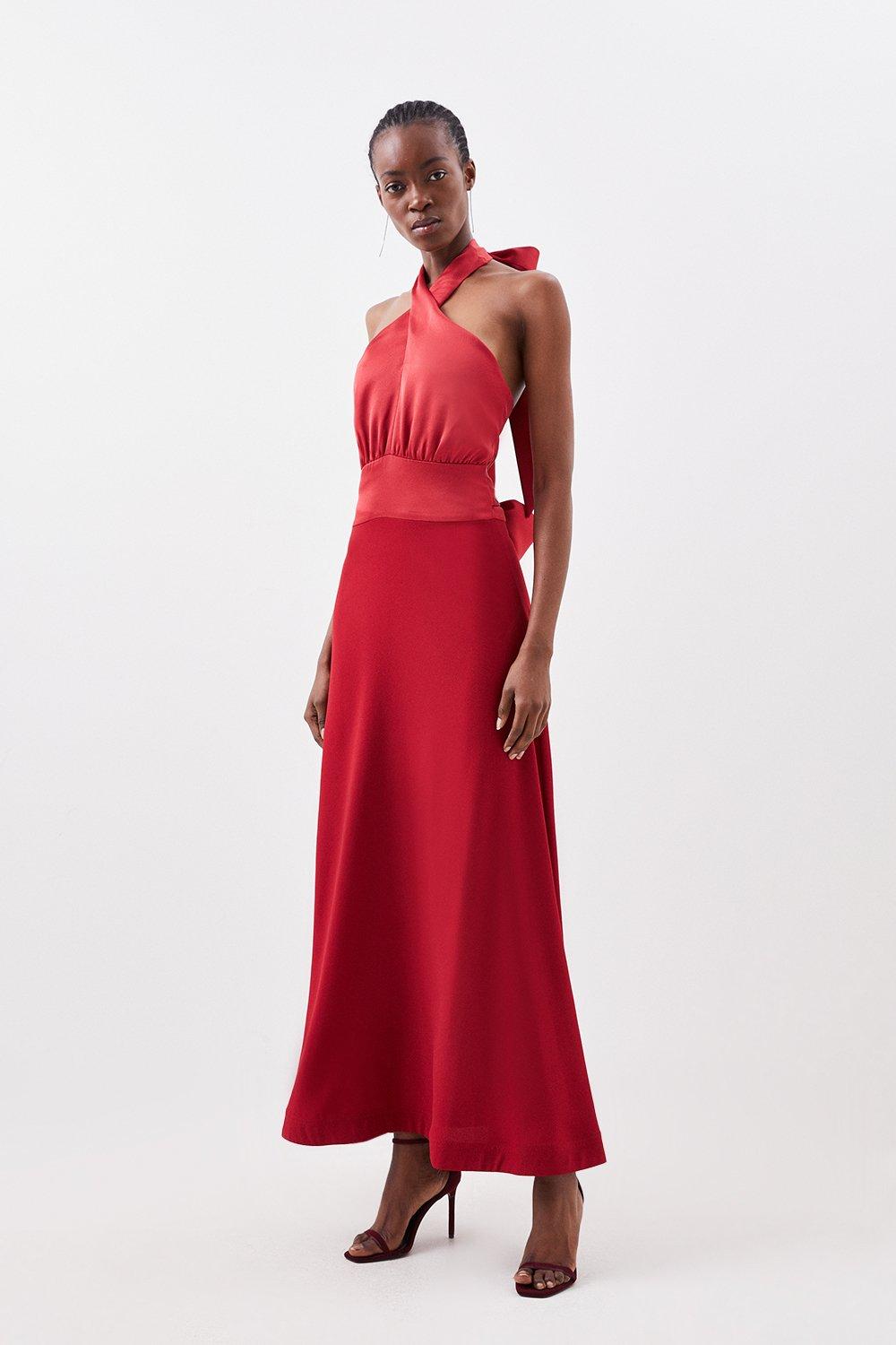 Red silk deals midi dress