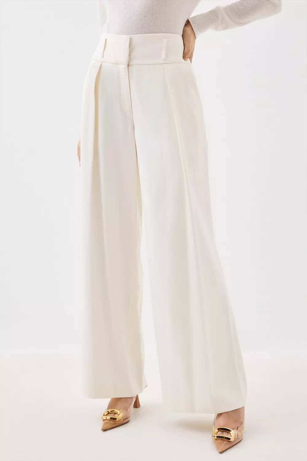 White Woven High Waisted Tailored Wide Leg Pants