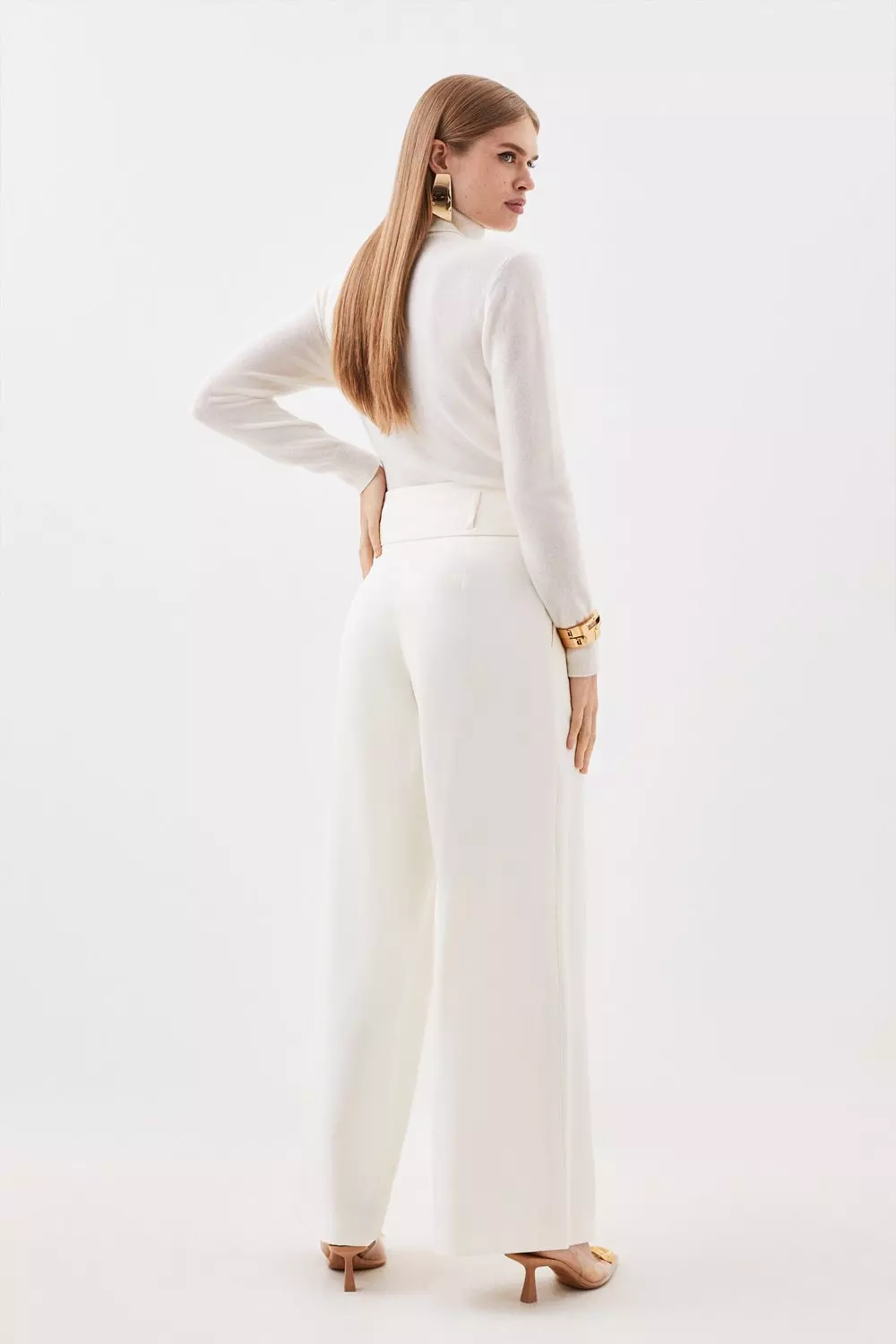 Cream Satin Tailored Wide Leg Trousers