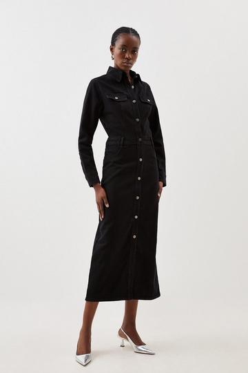 Black Denim Long Sleeve Midi Shirt Dress