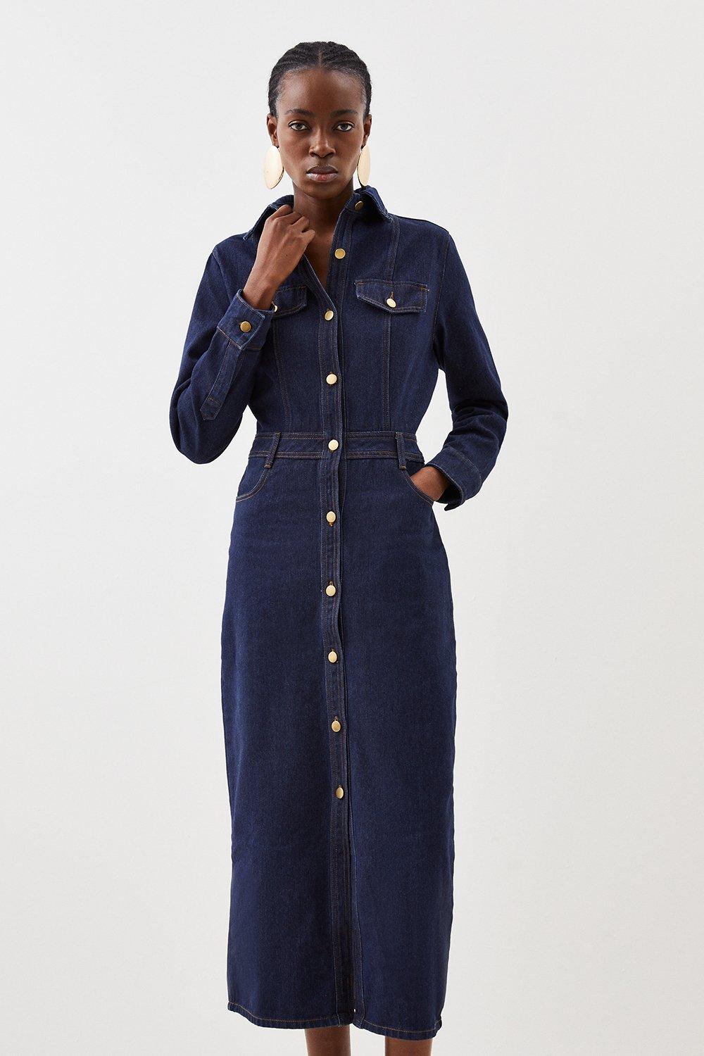 Midi denim hotsell dress with sleeves