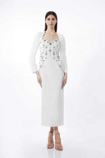 Ivory White Crystal Embellished Sleeved Woven Midi Dress