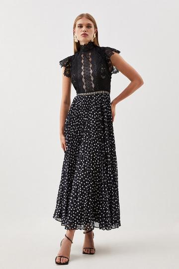 Petite Guipure Lace Dot Pleated Skirt Midi Dress mono