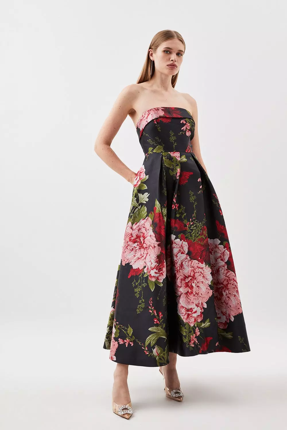 Jacquard Twill Floral Printed Bandeau Split Maxi Dress