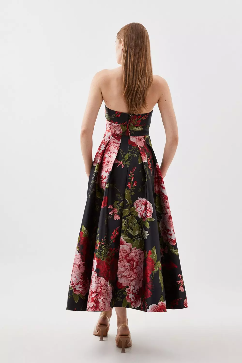 Petite Jacquard Twill Floral Printed Bandeau Maxi Dress