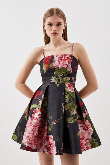 Multi Jacquard Twill Floral Printed Strappy Mini Dress