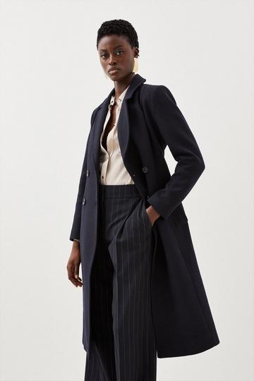 Navy Italian Wool Blend Double Breasted Belted Midi Coat