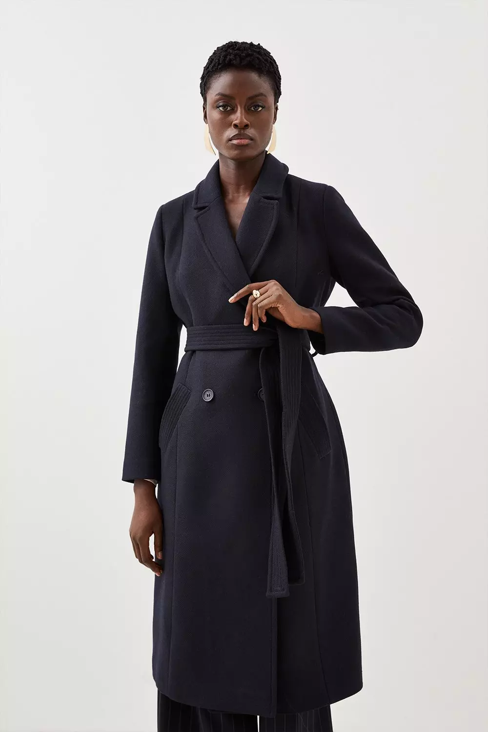 Italian Manteco Wool Blend Double Breasted Belted Midi Coat | Karen Millen