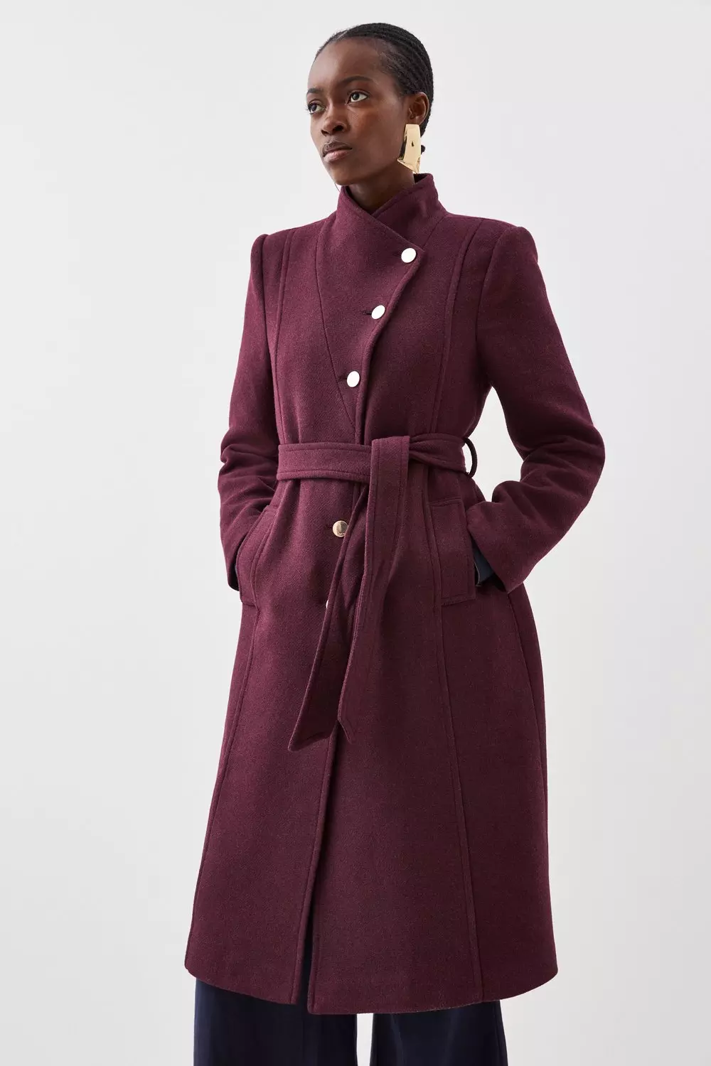 Plus Size Italian Manteco Wool Pu Contrast Detail Belted Coat