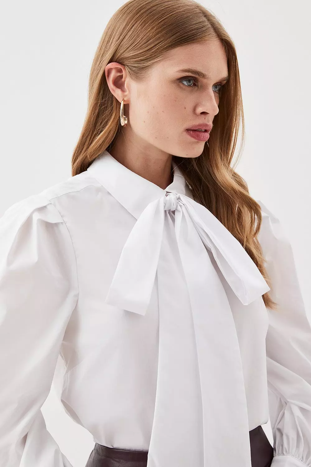 Lydia Millen Cotton Poplin Tie Collar Statement Sleeve Blouse | Karen Millen