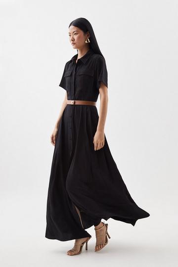 Black Soft Tailored Pleat Panel Midi Shirt Dress