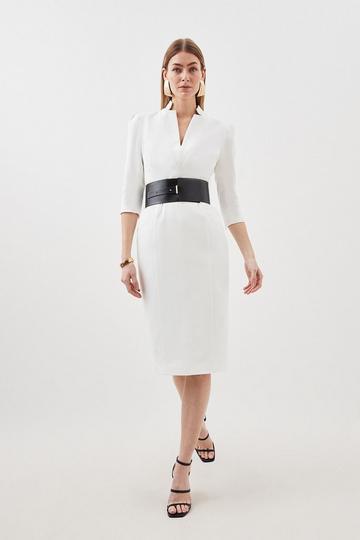 Tailored Structured Crepe Forever Wide Belt Pencil Midi Dress ivory