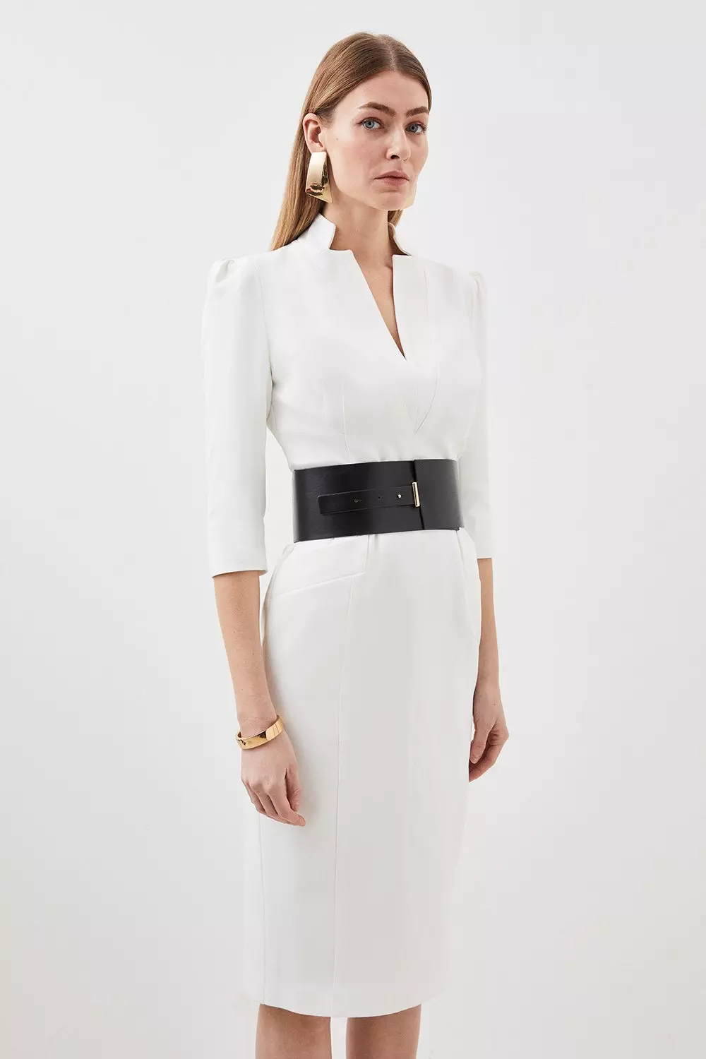 Karen millen leather hot sale belt pencil dress