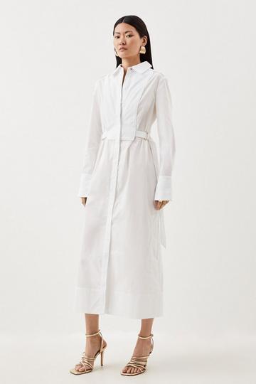 White Cotton Poplin Collared Woven Midi Shirt Dress