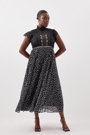 Plus Size Guipure Lace Dot Pleated Skirt Midi Dress mono